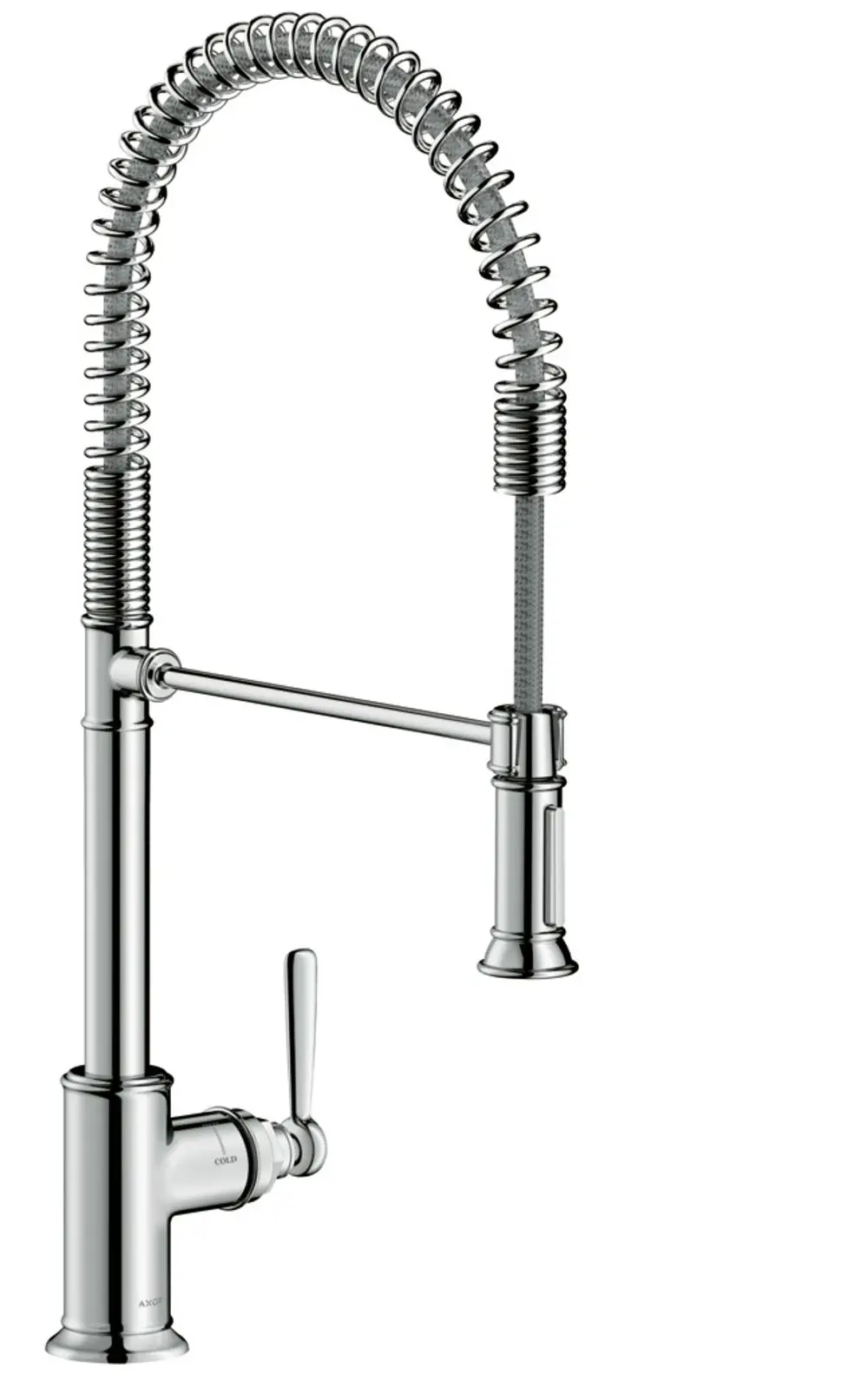Küchenmischer von AXOR mit flexibler Auslaufbrause und Hebel zur Temperaturregulierung, gemacht aus verchromtem Material.